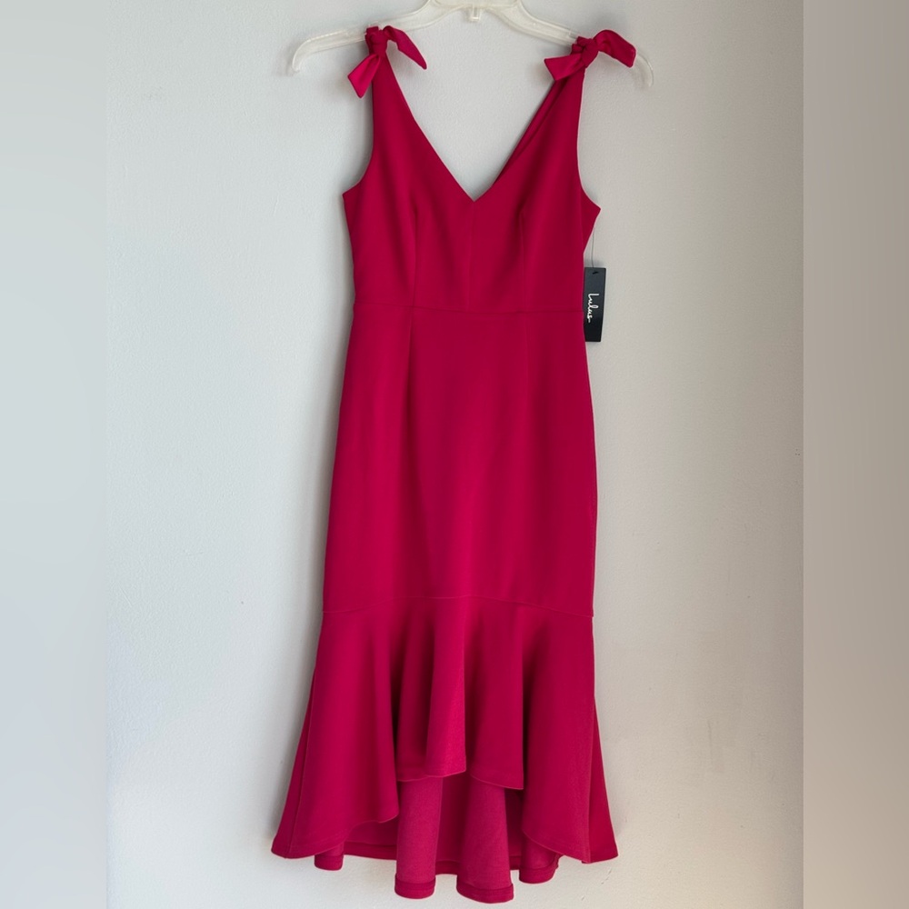 NWT Lulus What a Gift Hot Pink Bow Strap Midi Dress